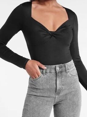 EXPRESS Body Contour Twist Front Long Sleeve Bodysuit Black - XS